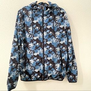 Zara Man blue leaf botanical print windbreaker hooded jacket size large slim fit